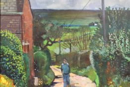 A FRAMED OIL ON BOARD OF A FIGURE ON A PATH IN A RURAL LANDSCAPE SIGNED CHERRINGTON LOWER LEFT