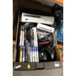 A TRAY OF GAMES CONSOLES AND ACCESSORIES TO INCLUDE A SEGA MEGADRIVE CONSOLE, NINTENDO WII