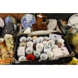 TWO TRAYS OF ASSORTED CERAMICS TO INCLUDE A PORTMERION TOTEM PATTERN COFFEE SET, ROYAL DOULTON