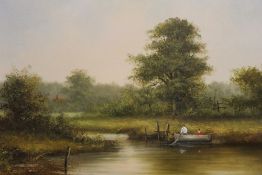 PETER DUFFIELD (XX / XXI). A wooded river landscape with two figures in a boat, cottage in