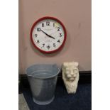 A MODERN LION WALL CORBEL H-32 CM, TOGETHER WITH A MODERN CIRCULAR WALL CLOCK AND GALVANISED