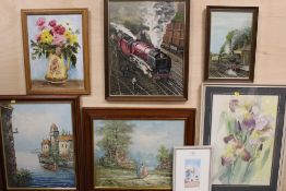 A COLLECTION OF ASSORTED OIL PAINTINGS AND WATERCOLOURS TO INCLUDE LOCOMOTIVE INTEREST OIL