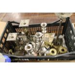 A TRAY OF ASSORTED CANDLESTICKS TO INCLUDE CHROME EFFECT EXAMPLES