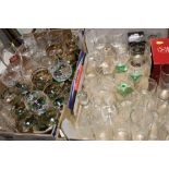 TWO TRAYS OF ASSORTED DRINKING GLASSES ETC