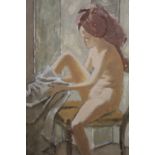 AN UNFRAMED OIL ON BOARD OF A SEATED FEMALE NUDE DRYING HER FEET SIZE - 66CM X 46CM