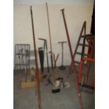 A SELECTION OF GARDEN TOOLS AND STEP LADDERS WITH A SACK TRUCK