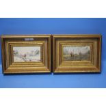 TWO FRAMED OIL ON BOARD PAINTINGS DEPICTING HUNTING SCENES SIGNED P. SERVICE¦WIDTH (OF BOTH): 23CM¦
