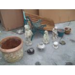 A CAST GARDEN BENCH A/F TOGETHER WITH A TERRACOTTA PLANTER AND CONCRETE GARDEN STATUES