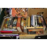 A TRAY OF MISC BOOKS, TO INCLUDE HARDBACK NOVELS, PAPERBACKS ETC, TOGETHER WITH A COLLECTION OF