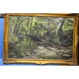 A FRAMED OIL ON CANVAS DEPICTING A WOODLAND SCENE WITH STREAM SIGNED C. SIMMONS¦WIDTH: 105CM¦LENGTH: