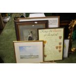 FOUR FRAMED PICTURES INCLUDING KINGS AND QUEENS OF ENGLAND, TWO MAPS AND A GILT FRAMED PICTURE