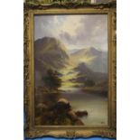 AN OIL ON CANVAS PAINTING SIGNED H. BATES, A MOUNTAIN LAKE SCENE, LABEL ON REVERSE CLAIMS IT WAS