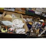 FOUR TRAYS OF CERAMICS ETC. TO INCLUDE BLUE & WHITE (TRAYS NOT INCLUDED)