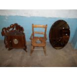 A CHILDS COMMODE CHAIR, A VINTAGE CORNER WALL CUPBOARD A/F AND A VINTAGE OVAL WALL HANGING MIRROR (