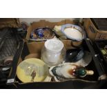 TWO TRAYS OF CERAMICS AND METALWARE TO INCLUDE A BRASS BELL