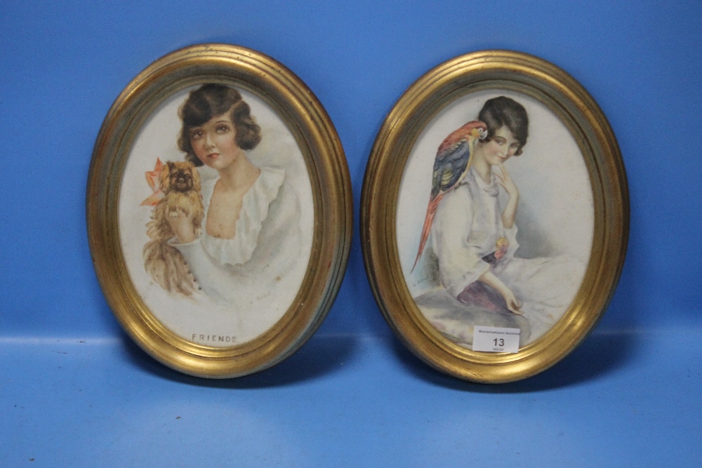 L. MITCHELL, A PAIR OF ART DECO WATERCOLOURS DEPICTING LADIES WITH THEIR PETS IN LATER OVAL