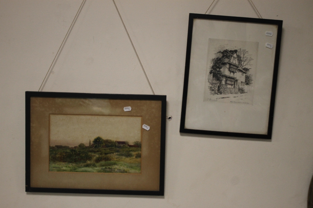 CURTIS DUASSUT, A FRAMED AND GLAZED WATERCOLOUR LANDSCAPE, ALONG WITH AN ENGRAVING BY THE SAME