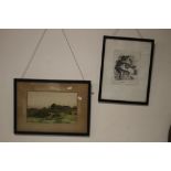 CURTIS DUASSUT, A FRAMED AND GLAZED WATERCOLOUR LANDSCAPE, ALONG WITH AN ENGRAVING BY THE SAME