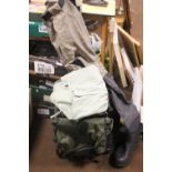 A BOSCH HEDGE TRIMMER, SHOOTING STICK AND FRAMED HARDWARE RUCKSACK, WADERS ETC.