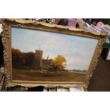 A LARGE OIL PAINTING WITH SIGNATURE WHICH APPEARS TO SAY "ALFRED DE BREANSTI", A RURAL SCENE,