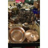 TWO TRAYS OF METALWARE ETC TO INCLUDE COPPER (TRAYS NOT INCLUDED)