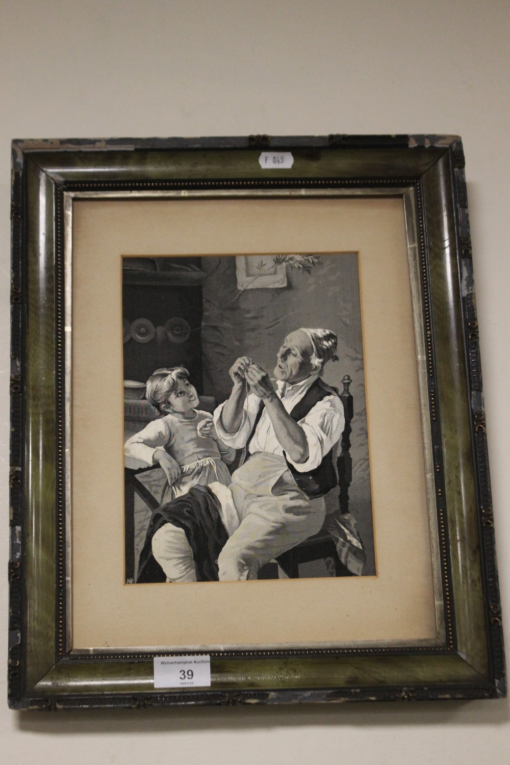 A FRAMED SILK PICTURE OF AN ELDERLY GENTLEMAN AND CHILD¦WIDTH: 34CM¦LENGTH: 42CM