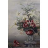 A GILT FRAMED OIL ON CANVAS STILL LIFE STUDY OF FLOWERS IN A VASE MONOGRAMMED CT LOWER RIGHT PICTURE