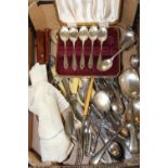 A BOX OF SILVER PLATED FLATWARE ETC