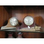 A MAHOGANY NAPOLEON HAT MANTEL CLOCK BY MAPPIN AND WEBB TOGETHER WITH ANOTHER, BOTH WITH DAMAGES