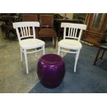 A MODERN WOODEN PURPLE STOOL, TOGETHER WITH TWO PAINTED CHAIRS