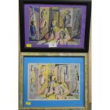 TWO FRAMED AND GLAZED ABSTRACT WATERCOLOURS ENTITLED HALL OF MIRRORS BY ROBERT COARD PICTURE SIZES -