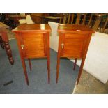 A PAIR OF MAHOGANY SIDE CUPBOARDS ON TAPERED LEGS, H 82 CM,
