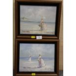 A PAIR OF FRAMED OIL ON CANVASES DEPICTING BEACH SCENES WITH LADIES BY MARIE CHARLES PICTURE SIZES -