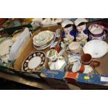 THREE TRAYS OF ASSORTED CERAMICS TO INCLUDE PORCELAIN, AYNSLEY, AND TOBY JUGS ETC.