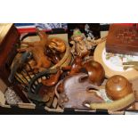 A TRAY OF ASSORTED TREEN TO INCLUDE A MINIATURE ARM CHAIR, ELEPHANT FIGURES ETC