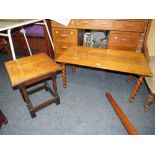 A HOME MADE OAK COFFEE TABLE WITH BARLEY TWIST LEGS TOGETHER WITH A SIDE TABLE (2)