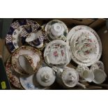 A TRAY OF ASSORTED ROYAL ALBERT CHINA TO INCLUDE MOSS ROSE, TRANQUILITY PEACH DAMASK ETC