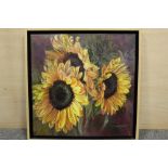 A FRAMED ACRYLIC ON CANVAS OF SUNFLOWERS ENTITLED 'FLEURS DE SOLEIL' BY JANET ABBOTT WITH