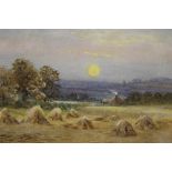A FRAMED AND GLAZED WATERCOLOUR ENTITLED 'HARVEST DAYS END' BY JOHN BARRETT PICTURE SIZE - 28CM X