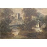 AN ANTIQUE GILT FRAMED OIL ON CANVAS OF A COUNTRY LANDSCAPE WITH FIGURE OVERALL SIZE -76CM X 67CM