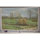 A FRAMED OIL ON BOARD OF AN EXTENSIVE GARDEN SCENE BY S B HISEMAN OVERALL SIZE - 131CM X 60CM