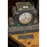 AN ANTIQUE SLATE AND MALACHITE MANTEL CLOCK