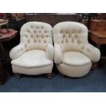 TWO ANTIQUE CHAIRS WITH CASTORS, WITH LATER UPHOLSTERY