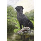 A GILT FRAMED OIL ON CANVAS DEPICTING A BLACK LABRADOR WITH GAME BIRD IN A COUNTRY LANDSCAPE