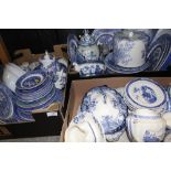 THREE TRAYS OF BLUE AND WHITE CHINA TO INCLUDE A CHEESE DOME, TEA POTS ETC.