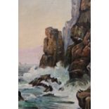 A SMALL FRAMED OIL ON BOARD OF SEA CLIFFS WITH CRASHING WAVES SIGNED J HALL LOWER RIGHT OVERALL SIZE