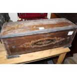 AN ANTIQUE INLAID ROSEWOOD MUSIC BOX - FITTINGS REMOVED, TOGETHER WITH A SMALL WOODEN STOOL