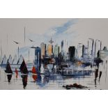 A MODERN FRAMED OIL ON CANVAS STUDY OF A CITYSCAPE WITH HARBOUR BY RAYMOND LI WITH INFORMATION VERSO