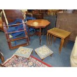 A SHAPED TWO TIER TABLE TOGETHER WITH TWO TAPESTRY FOOT STOOLS, WALL SHELVES ETC. (5)
