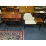 A REPRODUCTION MAHOGANY TABLE TOGETHER WITH A HALL SEAT / TELEPHONE TABLE AND TWO SIDE TABLES (4)